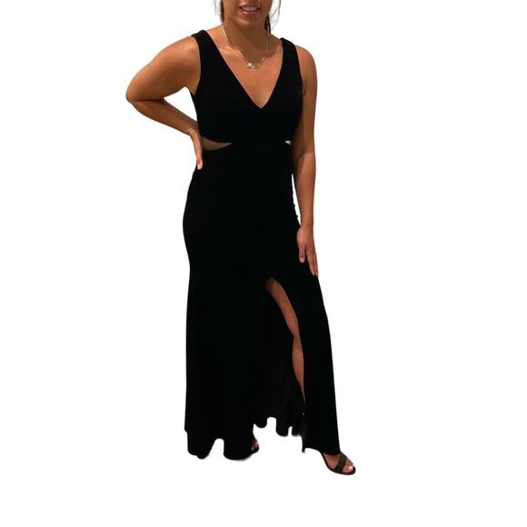 Aqua Womens  Black Velvet Full-Length Mesh Inset Evening Dress Size 4 - Picture 1 of 15